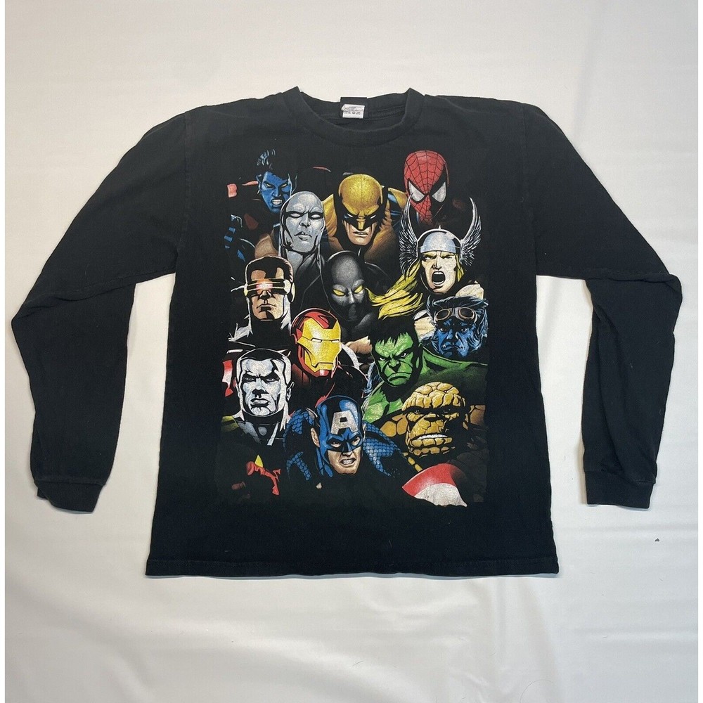 VINTAGE Marvel Shirt Mens SMALL Black All Over Print Heroes Y2k Long Sleeve